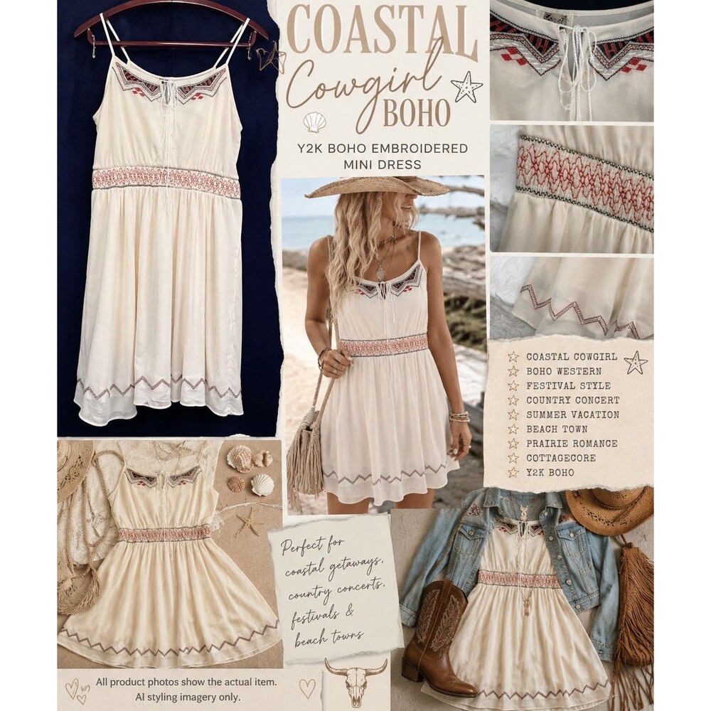 Marineblu Y2K Boho Coastal Cowgirl Embroidered Mini Dress Western Festival L EUC